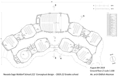 The final variant of the floor plan of the ground floor of the Waldorf ground school. On the left are the first grade classes. On the right are the second grade classes. In the middle of the top is a multi-purpose hall. Class shapes have a polygonal shape close to a hexagon with rounded corners. One of the reasons for these shapes is the improvement of acoustics in the classrooms. In the middle between the classrooms is a hallway (corridor). The main entrance to the school is from the south in the middle. The corridor is rugged, has various nooks with benches and also serves as a foyer during breaks when the program is in the hall. Among the classes are teachers' offices, toilets and storages. The third class has a connection with the kitchen for teaching cooking. This kitchen also serves a hall for providing refreshments. The whole floor plan is to the south in an arch and surrounds the inner courtyard of the school in the middle.