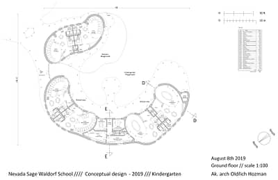 Completed floor plan of six classes of the Waldorf Kindergarten. At the top left are two classes for smallest children. On the left are two classes for children from 3 to 4 years. And on the right two classes for children under 6 years. The classes are arranged in a large U-shaped arc. Their shape closes the south-facing inner garden. Class shapes are rounded. For children up to 6 years are these soft shapes and various nooks very suitable. It supports their psyche, physical activities in a circle and softens the acoustics of rooms. In the middle between the classes there are rooms for teachers (office, kitchen, toilet and storage).