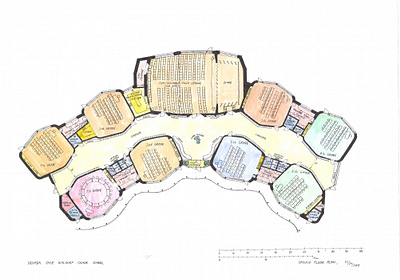 Final variant of the floor plan of the ground floor of the Waldorf school. On the left are the lower grade classes. On the right are higher grade classes. In the middle of the top is a multi-purpose hall. Class shapes have a polygonal shape close to a hexagon with rounded corners. One of the reasons for these shapes is the improvement of acoustics in the classrooms. In the middle between the classrooms is a hallway with changing spaces (on walls). The whole floor plan is to the south in an arch and surrounds the inner courtyard of the school in the middle.