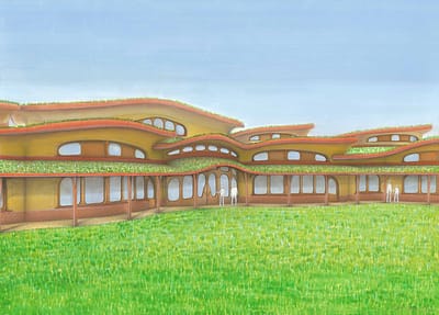 Detail view of the roofs of the Waldorf school. View from the southwest side. Organically shaped roofs correspond to the character of the surrounding landscape. In the middle we see an elevated part in the background, where there is a gym and a school hall. The lowered roof in the foreground, where the entrance to the school is, protects the south windows from summer overheating.
