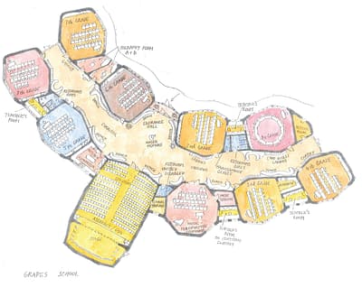 The floor plan of the Waldorf school shows one of the variants of the considered arrangement of classes and a multi-purpose hall. Next to the multi-purpose hall on the right is the octagonal hall of music education. On the right are the lower grade classes. On the left are higher grade classes. The building is rounded and on its south side surrounds an inner garden with a playground.
