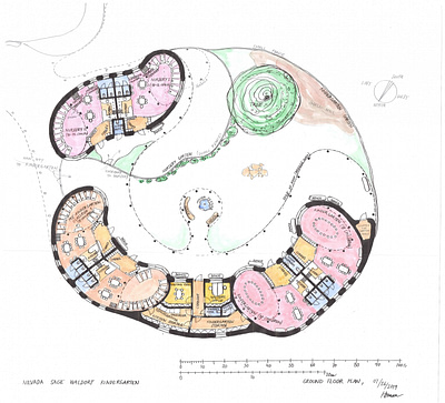 Floor plan of six classes of a Waldorf kindergarten. At the top left are two classes of school nursery. On the left are two classes for children from 3 to 4 years. And on the right two classes for children under 6 years. The classes are arranged in a large U-shaped arc. Their shape closes the south-facing inner garden. Classroom´s shapes are very rounded. For very small children up to 6 years, these soft shapes and various nooks are suitable. It supports their psyche and softens the acoustics.